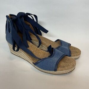 Ugg Amell Espadrille Lace Up Cork Wedge Sandals Open Toe Shoes 9,5 Denim‎ Blue